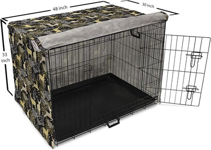 Ambesonne Christmas Dog Crate Cover, Nature Woodland and Deer Silhouettes with Oriental Ornaments Design, Easy to Use Pet Kennel Cover for Medium Large Dogs, 48 Inch, Yellow White Black