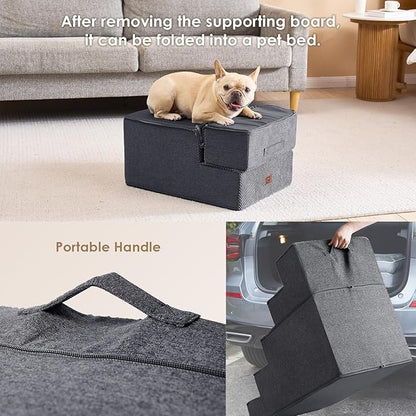 EHEYCIGA Dog Stairs for Small Dogs 16.5”H, 3-Step Extra Wide Dog Steps for Couch Sofa and Chair, Pet Steps for Small Dogs and Cats, Non-Slip Balanced Dog Indoor Ramp, Grey