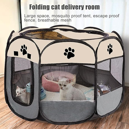 Portable Dog Playpen, Pet Play Pen for Indoor Outdoor Cat, Kitten/Puppy Exercise Playpen Tent Birthing Box, Waterproof Travel Dog Kennel Camping Cage for Small Medium Dog Animal House (Grey)