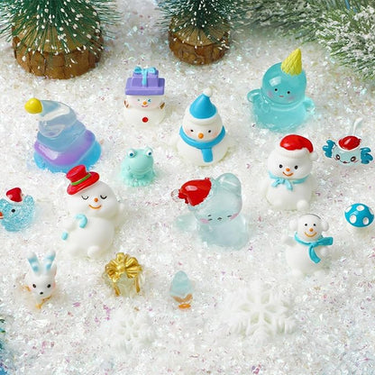 56 Pcs Winter Mini Resin Animals, Winter Miniature Blue Figures Tiny Resin Snowman Penguin Snowflake Duck Elk Christmastree for DIY Winter Snow Globes Crafts Fairy Garden Home Decor