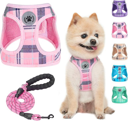 BEAUTYZOO Small Dog Harness and Leash Set,Step in No Chock No Pull Soft Mesh Dog Harnesses Reflective for Extra-Small/Small Medium Puppy Dogs and Cats, Plaid Dog Vest Harness for XS S Pets, Pink XS