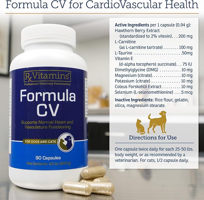 Rx Vitamins Formula CV - Hawthorn Berry Capsules with Taurine for Dogs & Cats - Heart Health Supplements Enhanced with Magnesium and Potassium - Senior Dog Vitamins and Senior Cat Vitamins - 90ct