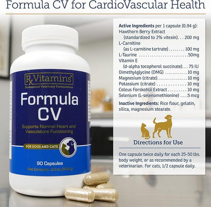 Rx Vitamins Formula CV - Hawthorn Berry Capsules with Taurine for Dogs & Cats - Heart Health Supplements Enhanced with Magnesium and Potassium - Senior Dog Vitamins and Senior Cat Vitamins - 90ct