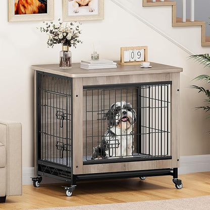 YITAHOME YITAHOME Dog Crate Furniture with Cushion, Dog Kennel Indoor with Wheels, Dog Crate End Table with Tray, 27" Dog Cage with Double Doors for Small Dog (Gray)