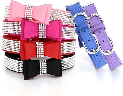Rhinestone Dog Collars for Small Dogs, Female Diamond Dog Collar with Bowtie Crystal Jeweled Girl Cat Collar Sparkling Glitter for XXS XS Small Dogs,Red,XXS
