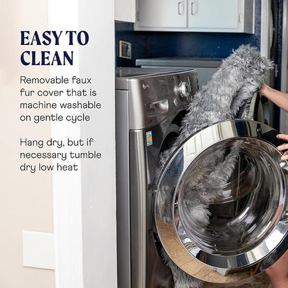 PupRug Orthopedic Dog Bed for Large Dogs with Fluffy Soft Faux Fur and Memory Foam for Joint Pain Relief, Machine Washable and Waterproof Couch Bed, White with Brown Accents, Large/Extra Large