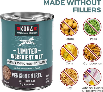 KOHA Limited Ingredient Diet Venison Entrée for Dogs - Dog Food Toppers for Picky Eaters - Grain Free Wet Dog Food with No Fillers - Sesnsitive Stomach Venison - 13 oz Pack of 12
