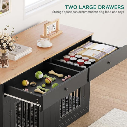 YITAHOME 60" Wooden Dog Crate Furniture with Removable Divider & Storage Drawers, Double Door Kennel with Locks for Medium and Large Dogs, Multi-Functional Dog Crate End Table for Indoor use, Black