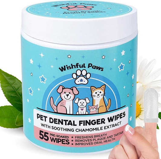 Dog Teeth Cleaning Wipes - Dog Tooth Brushing Kit - Dog Toothbrush Finger Wipes - Removes Plaque & Tartar, Dog Breath Freshener - No-Rinse Pet Dental Care for Dogs & Cats - Easy Use - 55 Count