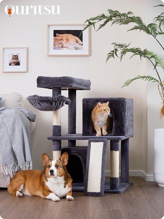Ouritsu Cat Tree, 35 inch Cat Tower for Large Cat Indoor, 1 Widened Top Perch, 2 Enlarged Condos, Fluffy Basket, Scratching Posts and Ramp, Dark Gray, MF002DG