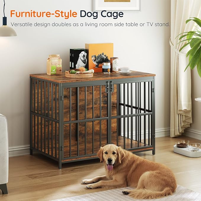 HOOBRO 38.6" Dog Crate Furniture, Wooden Dog Kennel Indoor, Chew-Resistant Heavy Duty Dog Cage for Small/Medium Dog, Decorative Side End Table, Rustic Brown and Black BF100GW03