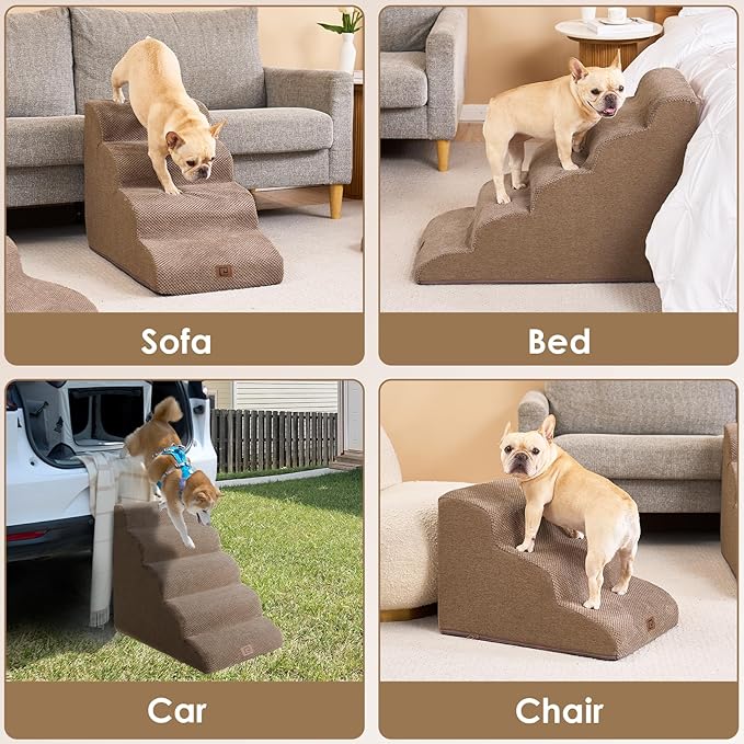 EHEYCIGA Curved Dog Stairs Ramp for High Beds 19.7" H, 4-Step Dog Steps for Small Dogs and Cats, Pet Stairs for High Bed Climbing, Non-Slip Balanced Pet Step Indoor, Camel