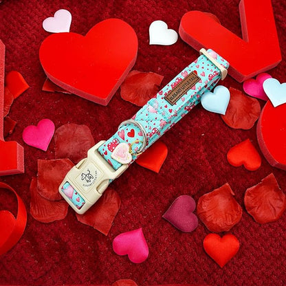Elegant little tail Valentine's Day Dog Collar-Cute Pink Heart Dog Collar for Medium Dogs, Female or Male Adjustable Cotton Pet Collar with Quick Release Buckle for Small Medium Large Dogs