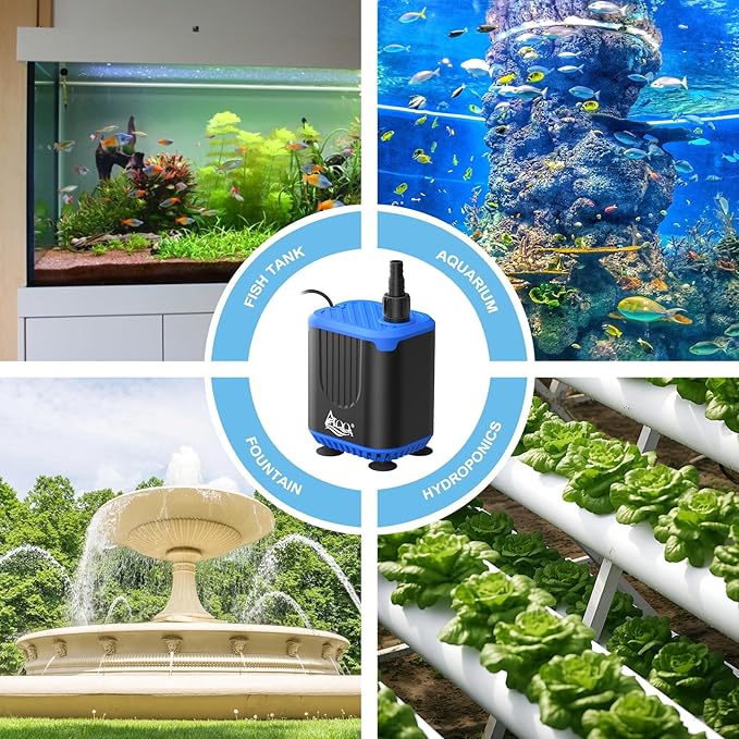 AQQA DC Aquarium Water Pump with Controller,4 Flow Adjustable,Feed Mode,IP68 Submersible Quiet Fish Tank Pump,3 Nozzles for Pond Fountain Statuary Hydroponics Freshwater Saltwater 10W 110V-240V
