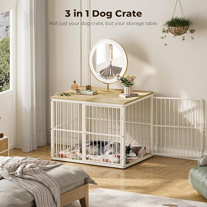 43'' Dog Crate Furniture with 3 Doors, XL Wooden Crate End Table, Heavy Duty Indoor Puppy Cage Kennel for Medium to Large Dogs, Multiple Units Can be Combined, Natural Beech
