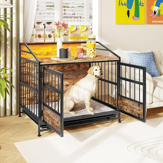 Ball & Cast 20" Multi-Function Dog Crate Furniture with Storage,3-Door Access Wooden Kennel for 11-25 lbs Dogs,Double Doors with Pull-Out Tray,Waterproof Indoor Pet House,Easy Assembly,Black Brown