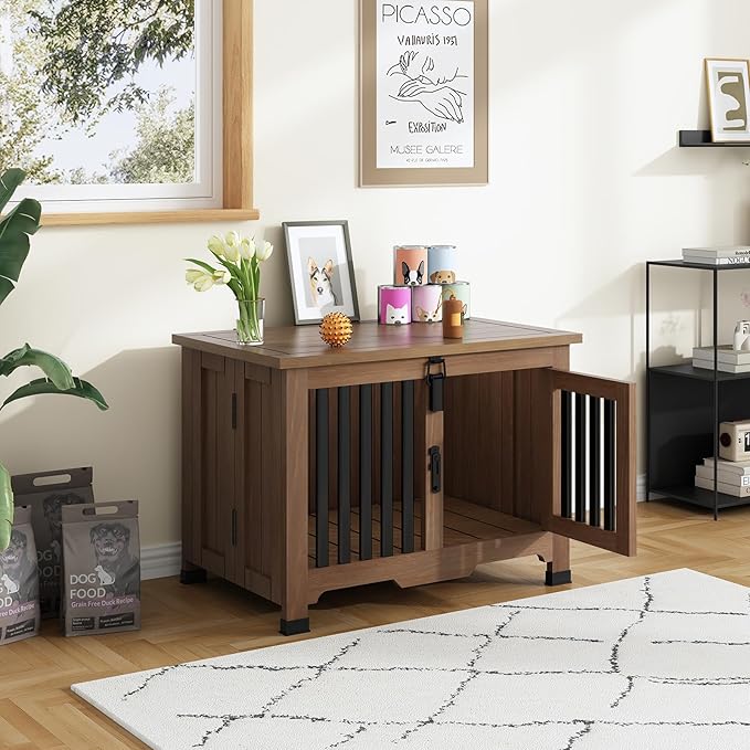 Wooden Dog Crate Furniture,Foldable and Portable Dog Kennel Furniture Indoor,Decorative Dog Crate End Table No Assembly.(Medium,Maroon)