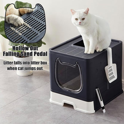Gefryco Litter Box with Lid for Small to Medium Cats, Enclosed Cat Litter Box with Cover，High Sided Top Entry Cat Box with Brush and Scoop, Cute Kitty Litter Pan with Drawer for Growing Kitten(Black)