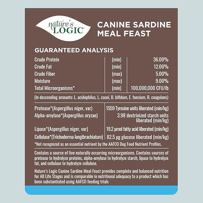 NATURE'S LOGIC Dry Dog Food - 100% Natural - No Synthetics - for All Ages, Sizes, Breeds - Free from Common Allergens, High Protein - Sardine Meal Feast, 13lbs
