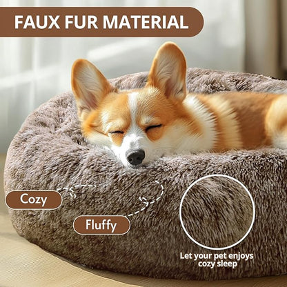 JOLLYVOGUE Dog Bed Cat Bed, Anti-Anxiety Small Dog Bed, Calming Donut Dog Bed for Puppy Bed, Fluffy Dog Beds for Small Medium Dogs, Washable Round Puppy Bed for Indoor Pet (24"/Smoke Brown