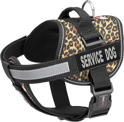 Dogline Unimax Dog Harness Vest with Service Dog Patches Reflective No-Pull, Adjustable Straps, Breathable Neoprene for Medical, Service, Identification and Training Dogs Girth 18 to 25" Leopard Brown