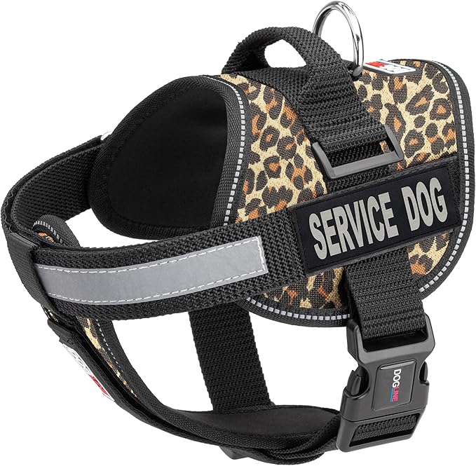 Dogline Unimax Dog Harness Vest with Service Dog Patches Reflective No-Pull, Adjustable Straps, Breathable Neoprene for Medical, Service, Identification and Training Dogs Girth 28 to 38" Leopard Brown