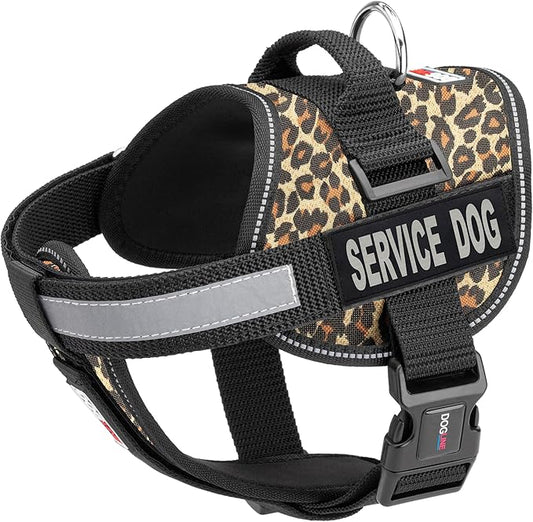 Dogline Unimax Dog Harness Vest with Service Dog Patches Reflective No-Pull, Adjustable Straps, Breathable Neoprene for Medical, Service, Identification and Training Dogs Girth 15 to 19" Leopard Brown