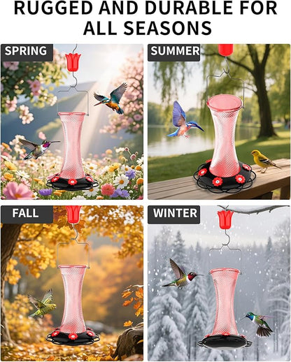 Hanging 20oz Glass Hummingbird Feeder with Moat, Small Outdoor Plastic Bird Feeder, Squirrel Proof, Ants, Outside Water Dispenser for Garden (Pink Glass Bird Feeder)