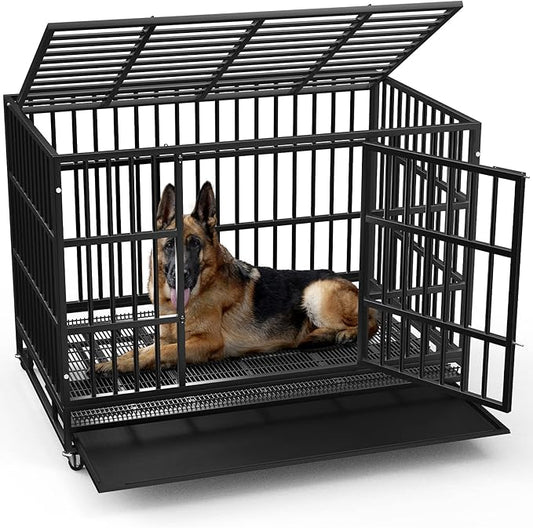 LEMBERI 48/38 inch Heavy Duty Indestructible Dog Crate, Escape Proof Dog Cage Kennel with Lockable Wheels,High Anxiety Double Door Dog Crate,Extra Large Crate Indoor for Large Dog with Removable Tray