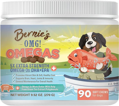 Bernie_ OMG! Omegas Chews for Dogs - 5X Extra Strength DHA+EPA, Fish Oil, Healthy Skin & Coat, Allergy Relief, Joint Supplement (Pork Flavor)