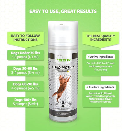 Fluid Motion - Hip & Joint Support for Dogs - Liquid Hyaluronic Acid - Mobility, Comfort and Joint Supplement for Senior Dogs - Apple Flavor - Glucosamine Alternative (60-120+ Day Supply)