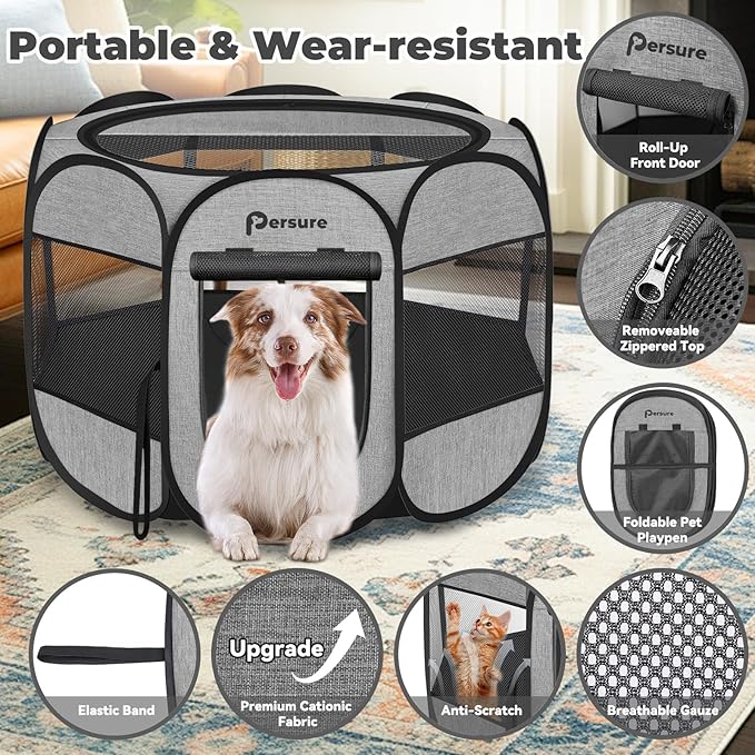 Dog Cat Playpen Indoor Outdoor for Puppy Pet Dogs Cat Recovery After Surgery, Dog Tent Crates Cage Indoor/Outdoor, Portable Pop Up Dog Kennel with Carrying Case for Travel (Premium Grey, Large)