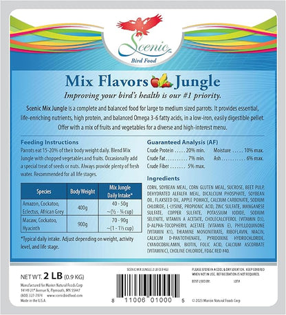 Scenic Mix Jungle Premium Parrot Food - Apple & Natural Flavors, High Protein, Low Iron Bird Pellets for Large Parrots, Macaw Food, Cockatoo, African Grey Parrots, Omega 3, Vitamins, Minerals, 2 LB