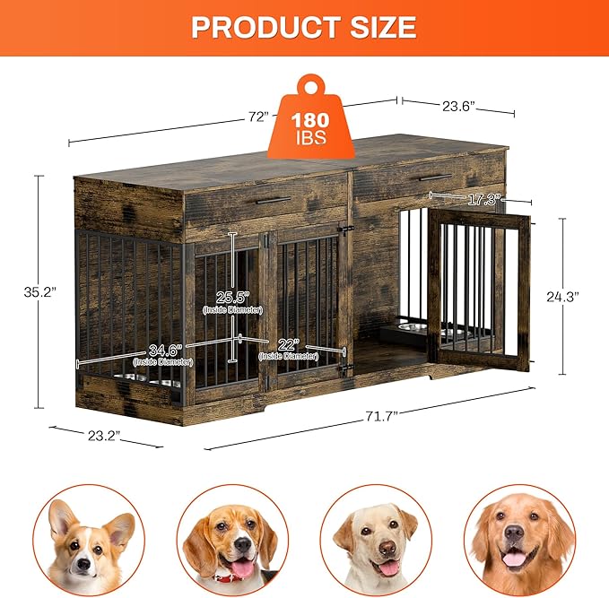 Rophefx 72" Dog Crate Furniture for 2 Dogs, Large Dog Kennel Furniture with 2 Storage Drawer and 4 Bowls, Wooden Dog Cage with Removable Divider, Indoor Dog House TV Stand for Medium Dog, Rustic Brown