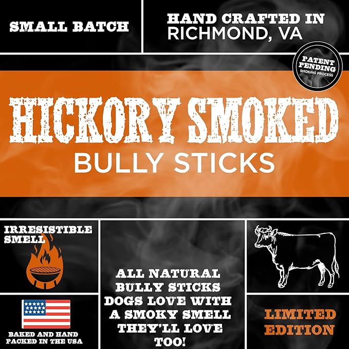 Premium Hickory Smoked 100% Natural 4 Inch Bully Sticks for Dogs - Odor Free with Smoky Aroma - No Additives, Free-Range Grass-Fed Beef, Grain-Free Rawhide-Free - Mini Bully Sticks, 10 Pack
