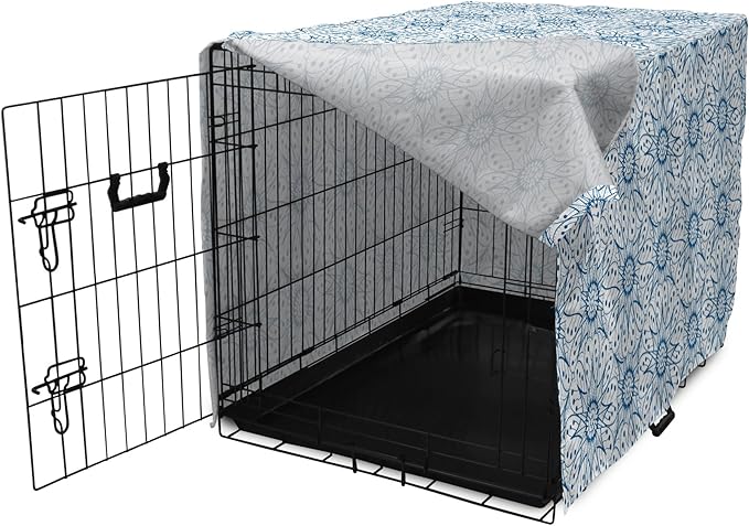 Ambesonne Blue and White Dog Crate Cover, Dutch Tile Design with Large Flowers and Detailed Petals Antique Ethnic, Easy to Use Pet Kennel Cover for Medium Large Dogs, 48 Inch, White Blue