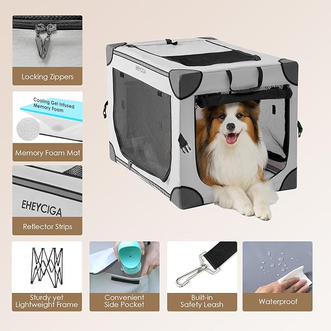 EHEYCIGA Collapsible Dog Crate 36 Inches, Portable Travel Crate for Large Dogs, Soft Foldable Pet Kennel with 4-Door Mesh Windows Indoor & Outdoor, Grey