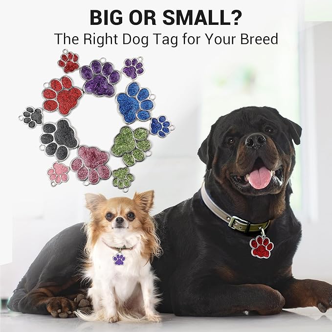 Dog Tags Personalized for Pets Glitter Paw Print Stainless Steel Dog Tag Cute Dog Name Tag Bulk Dog Tags for Wholesale (12 Pieces)