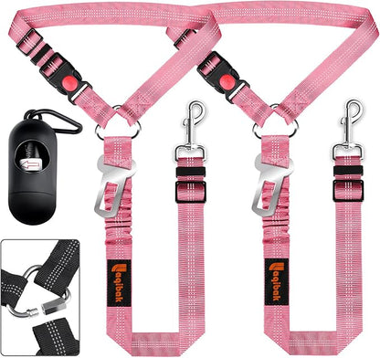 Removable Dog Seat Belts Harness for Car, 3 in 1 Pet Dog Car Seatbelt Leash, laqibak Restraint Secures to Headrest and Reflective Effect Adjustable Bungee Dog Seatbelt Tether, 2PCS and Poop Bag Holder
