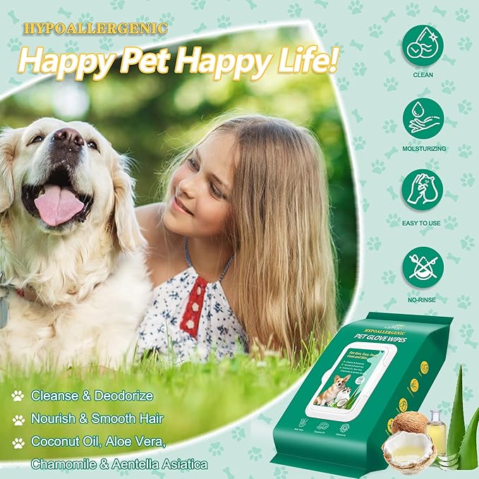20PCS Pet Cleaning and Deodorizing Grooming Glove Wipes for Dogs and Cats, Extra Thick Nourish Fur No-Rinse Grooming Wipes for Daily Care and Travel, Hypoallergenic
