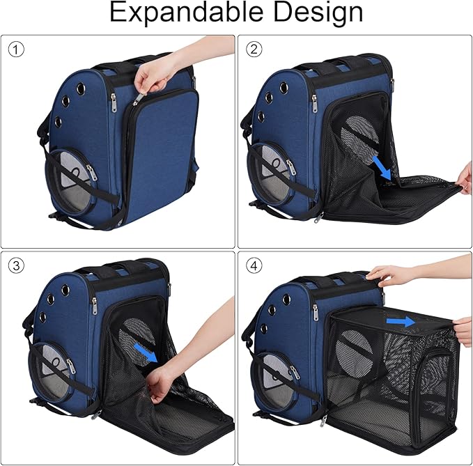Expandable Pet Carrier Backpack for Cats, Dogs and Small Animals, Portable Pet Travel Carrier, Super Ventilated Design, Airline Approved, Ideal for Traveling/Hiking/Camping, Blue