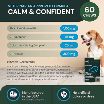 VetriScience Veterinary Strength Calm & Confident Chews - Stress Supplement for Pets - Supports Brain Function for Cats & Dogs - with L-Theanine, Thiamine & More - 60 Count