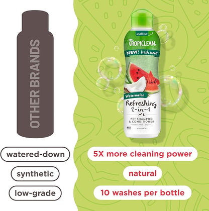 TropiClean 2-in-1 Dog Shampoo and Conditioner, Moisturizing Dog Detangler, Puppy Safe, Made in the USA, Watermelon Scent, Cat & Kitten Safe, 20oz.