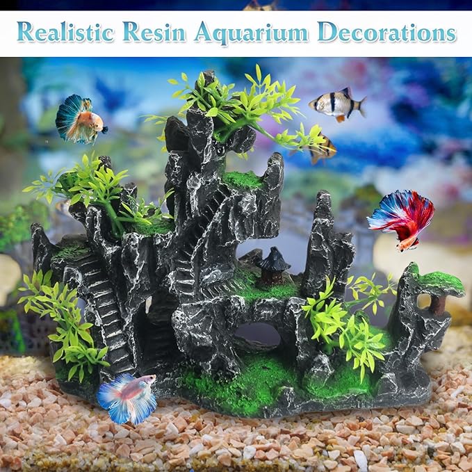 kathson Aquarium Mountain View Stone Resin Fish Tank Decorations Betta Hideout Caves Rockery Landscape Tree Aquarium Decorations Large Rock Hiding Cave Decor for Small Fish Shrimp Play Ornament