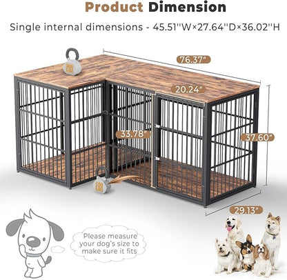 48'' L-Shaped Corner Dog Crate Furniture Large Breed with Double Rooms,Wooden Dog Crate End Table Indoor with Removable Divider for Small to Medium Dogs, Can Use Separately