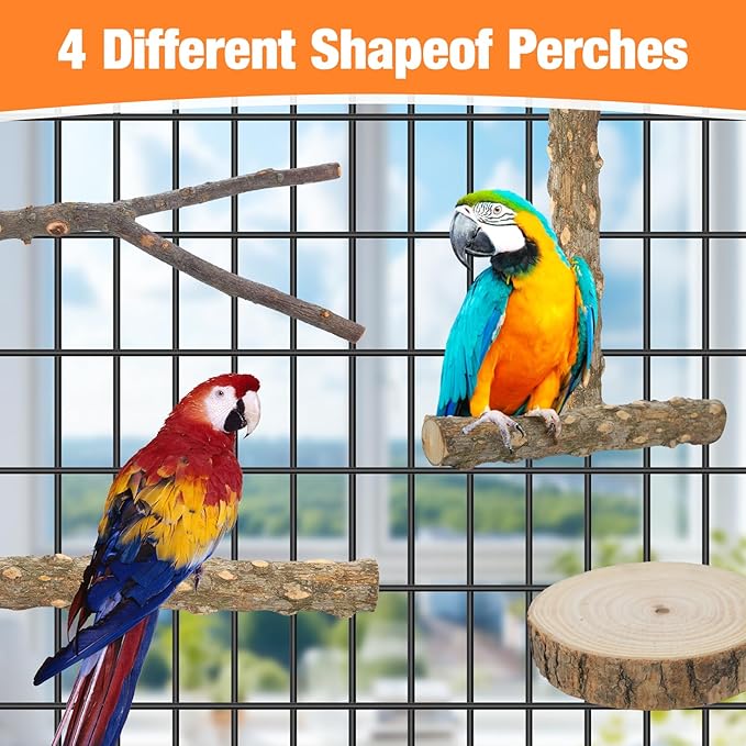 Bird Perch Stand, Pole Standing Natural Wood Bird Perch Set 7PCS Paw Grinding Fork Parrot Cage Branch with Rope Cage Accessories Toys for Parakeets, Cockatiels, Conure, Budgies (Brown 1)
