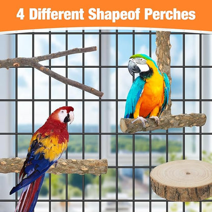 Bird Perch Stand, Pole Standing Natural Wood Bird Perch Set 7PCS Paw Grinding Fork Parrot Cage Branch with Rope Cage Accessories Toys for Parakeets, Cockatiels, Conure, Budgies (Brown 1)