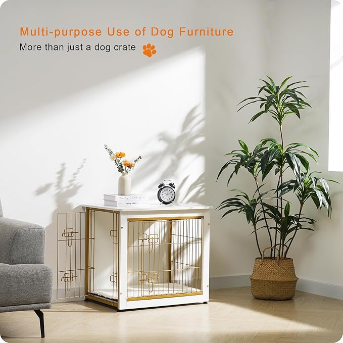 DWANTON Dog Crate Furniture with Cushion, Wooden Dog Crate with Double Doors, Dog Furniture, Dog Kennel Indoor for Small/Medium/Large Dogï¼_nd Table, Small, 27.2" L, White