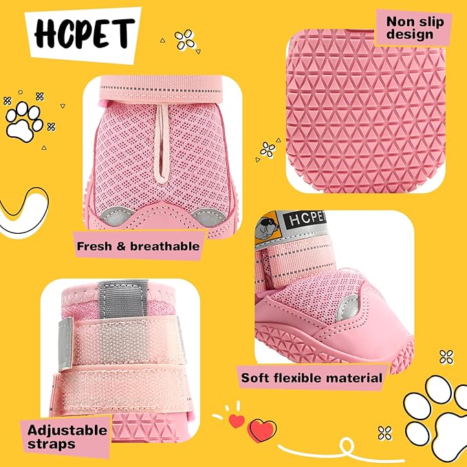 Hcpet Dog Shoes for Large Dogs, Breathable Dog Booties for Small Medium Dogs, Anti-Slip Dog Boots & Paw Protectors for Hot Pavement Winter Snow Hiking with Reflective Straps Pink Size 8