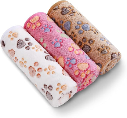 1 Pack 3 Blankets Super Soft Fluffy Premium Fleece Pet Blanket Flannel Throw for Dog Puppy Cat Paw Brown/Pink/White Small(23x16 inch)